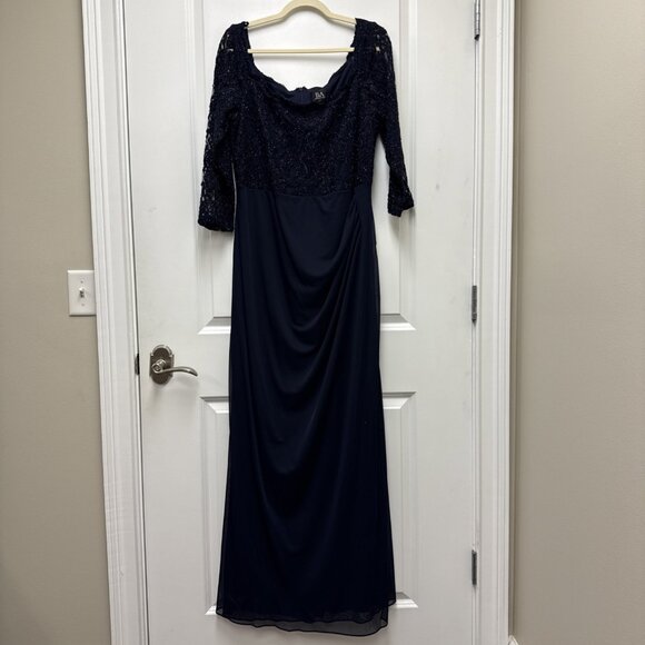 Betsy & Adam Plus Size 16W Navy Blue Lace Scoop-Neck Cocktail Maxi Gown Dress - Picture 4 of 11